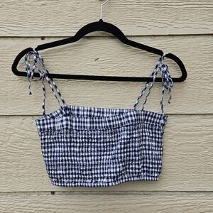 J. Crew Cotton Voile Smocked bandeau top navy white gingham small